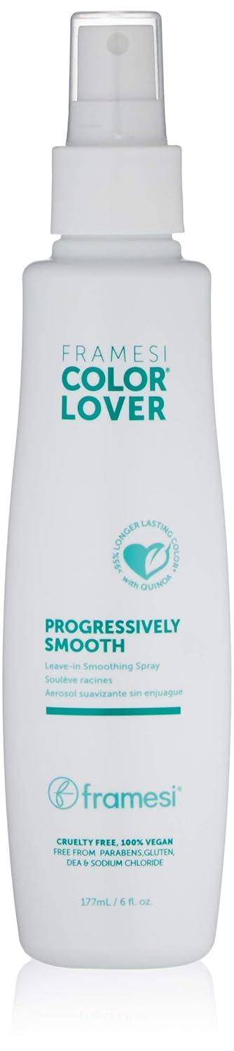 White spray bottle with teal text reading "Framesi Color Lover Progressively Smooth" leave-in smoothing spray, 177ml, shown against white background.
