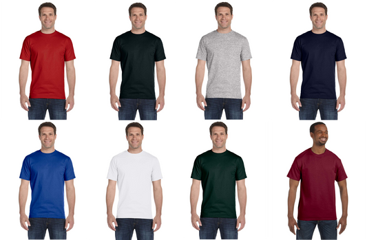 Grid of eight men wearing plain unprinted crew-neck T-shirts in red, black, grey, navy, blue, white, green and maroon.