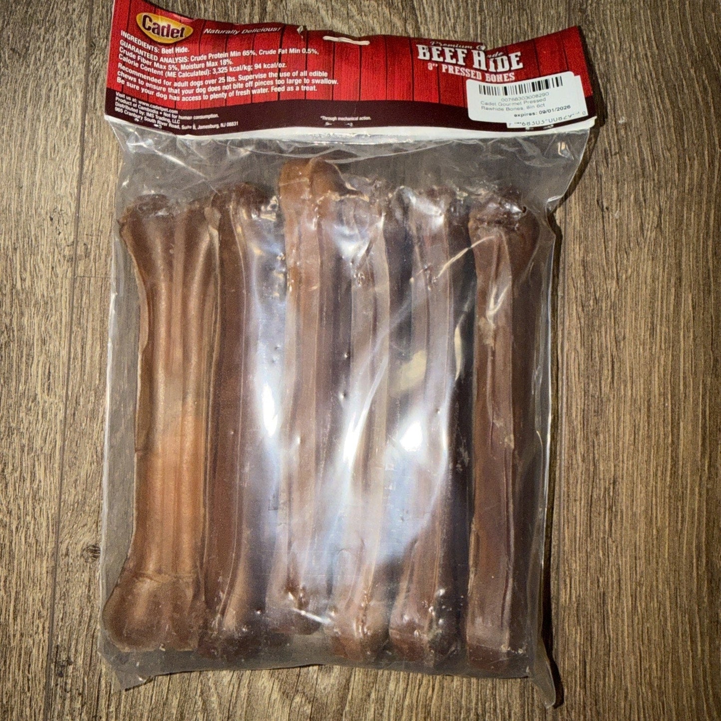 Cadet Pressed Beef Hide Dog Bones — 8 Inch Long-Lasting Rawhide Chews (Best By 9/2026)