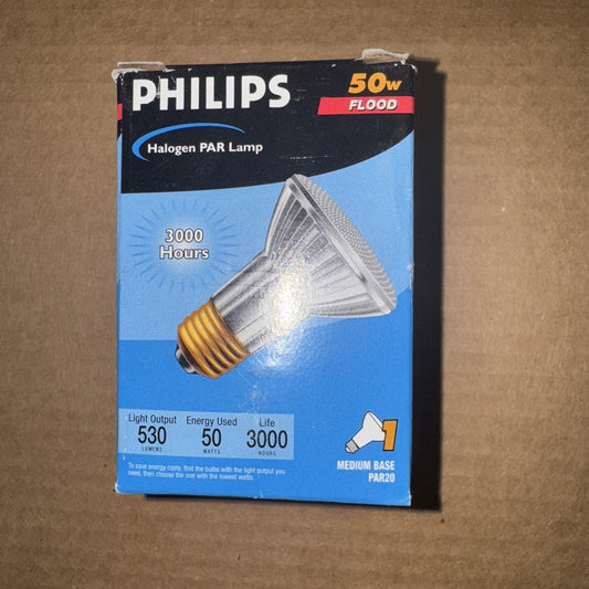 Philips 50W halogen PAR flood lamp packaging displayed front-facing, showing product specifications and gold-threaded bulb on blue and black box.