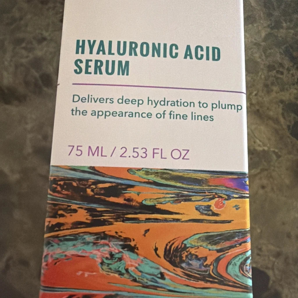 Good Molecules hyaluronic acid serum white box with teal purple text