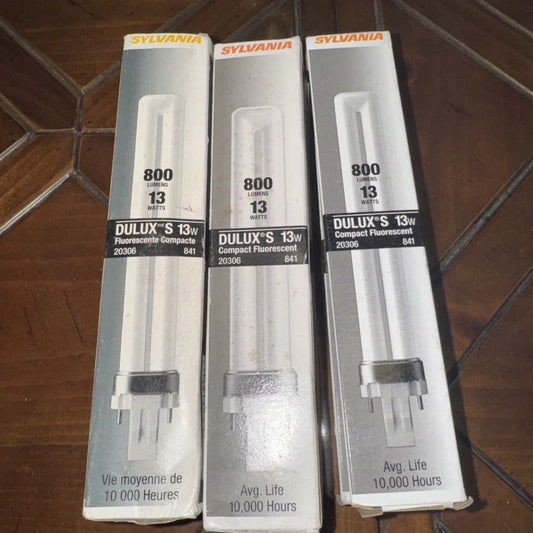 Three new Sylvania Dulux S CF13DS/835 13W fluorescent bulbs in packaging