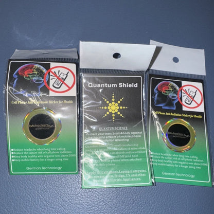 Circular iridescent radiation protection shield sticker with Biohackers Warehouse branding