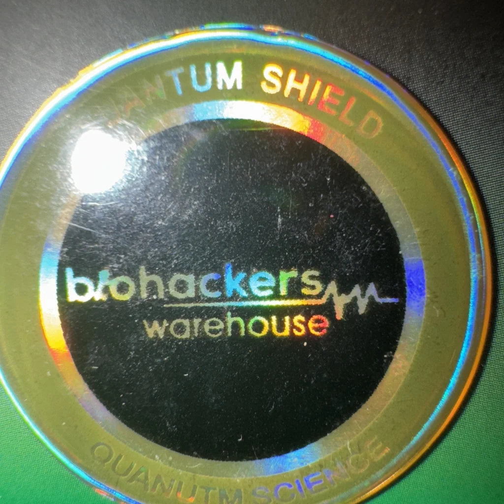 6 pack radiation protection shield sticker with Biohackers Warehouse holographic design