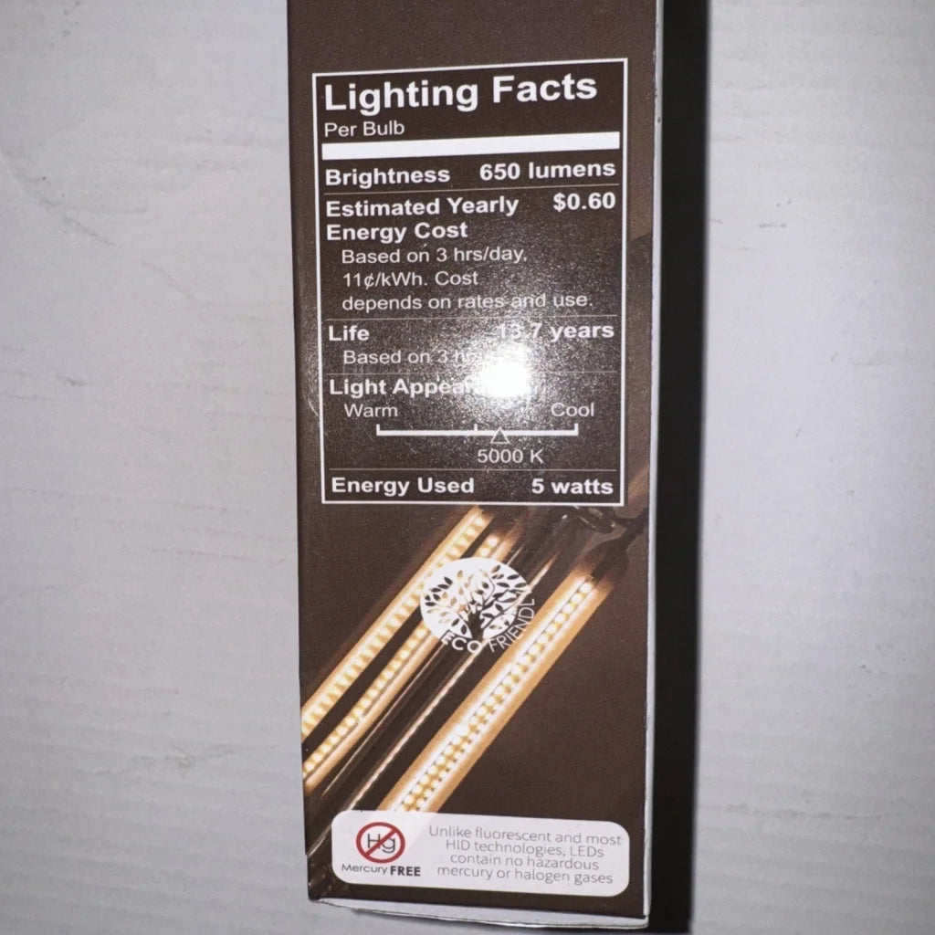 Sunlite chandelier 5W LED bulb box with lighting facts label
