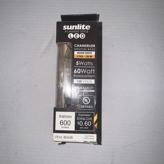 Sunlite 5 watt 120v LED chandelier bulb, 60w warm white replacement, 6 pack