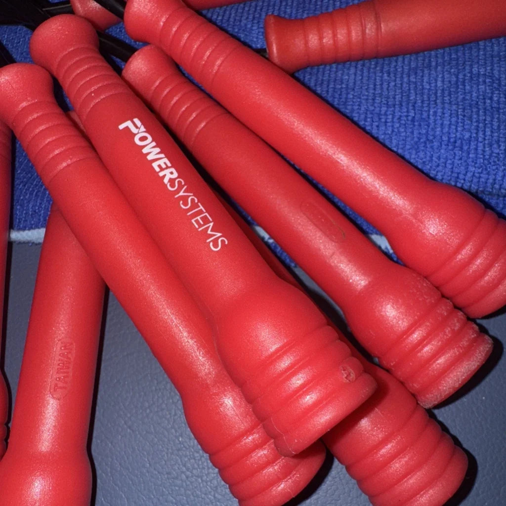 Red Power Systems jump ropes with plastic-handled power tools