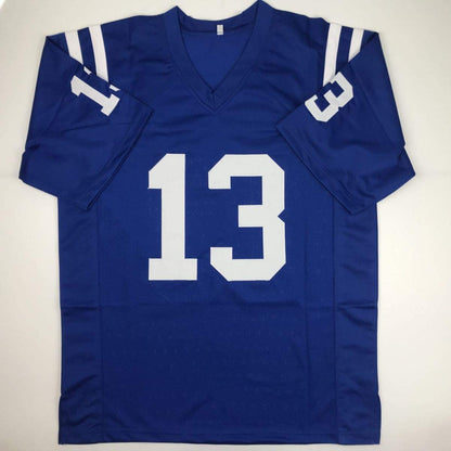 Autographed T.Y. Hilton custom blue football jersey full display view with JSA signature