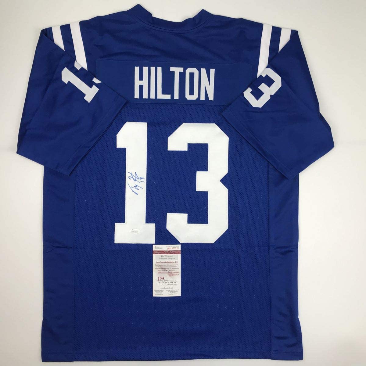 Autographed T.Y. Hilton custom blue Indianapolis football jersey front view JSA COA with signature