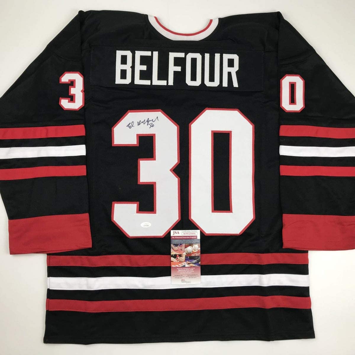 Black and red striped hockey jersey displaying "BELFOUR" and number 30, front view with JSA authentication certificate visible.