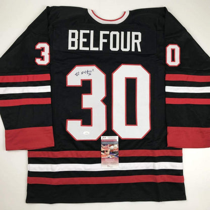 Black and red striped hockey jersey displaying "BELFOUR" and number 30, front view with JSA authentication certificate visible.