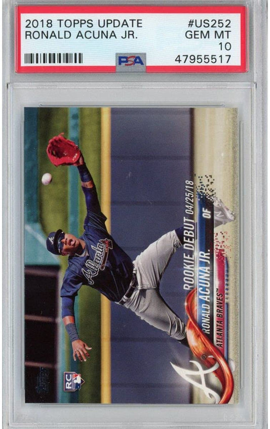 PSA-graded baseball card showing Ronald Acuna Jr. in fielding position with red glove against green field, with red label above card.