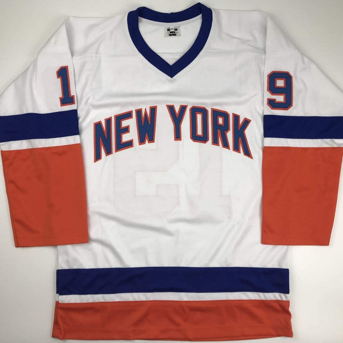 White New York Rangers hockey jersey with navy and red horizontal stripes, displaying numbers 1 and 9 on sleeves, flat lay view.
