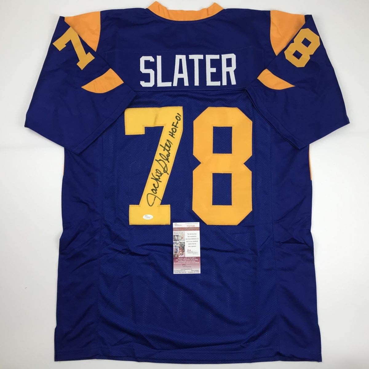 Autographed/Signed Jackie Slater HOF 01 Los Angeles Rams Retro Blue Football Jersey JSA COA