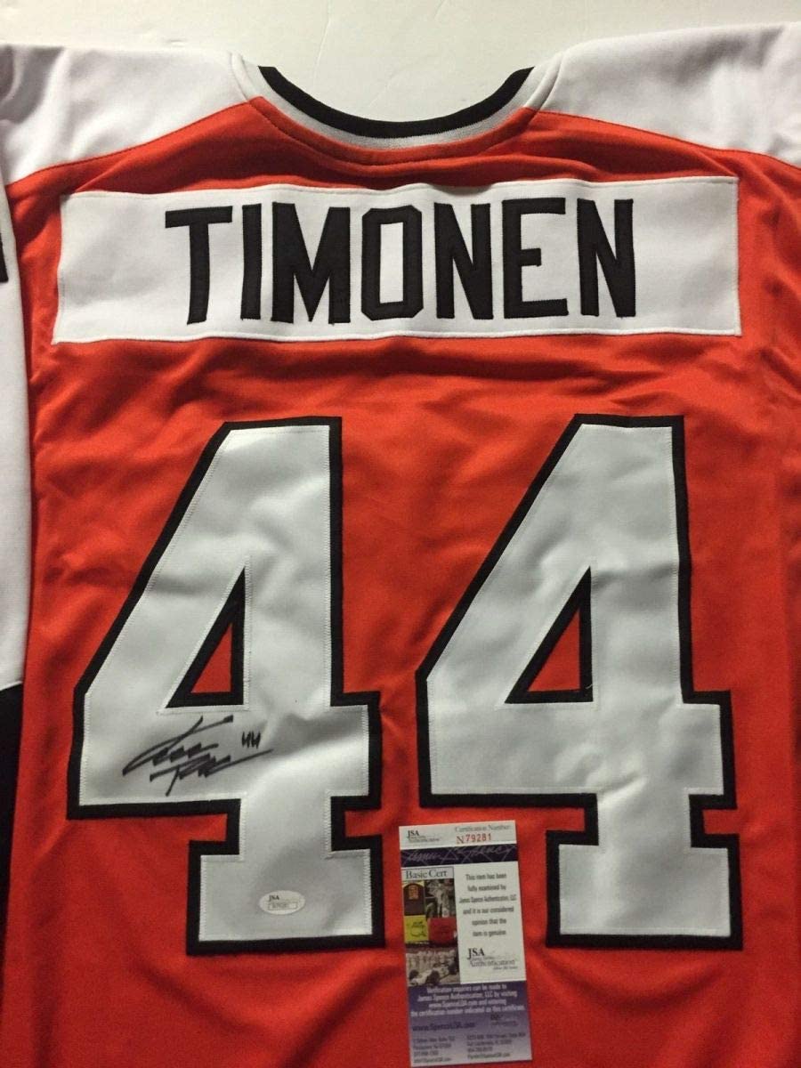 Back view of signed orange Philadelphia Flyers jersey number 44 with Timonen nameplate and JSA authentication certificate.