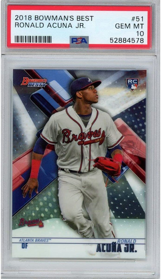 PSA-graded rookie card showing Ronald Acuña Jr. in Atlanta Braves uniform with red label and gem mint 10 rating.