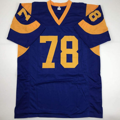 Autographed/Signed Jackie Slater HOF 01 Los Angeles Rams Retro Blue Football Jersey JSA COA