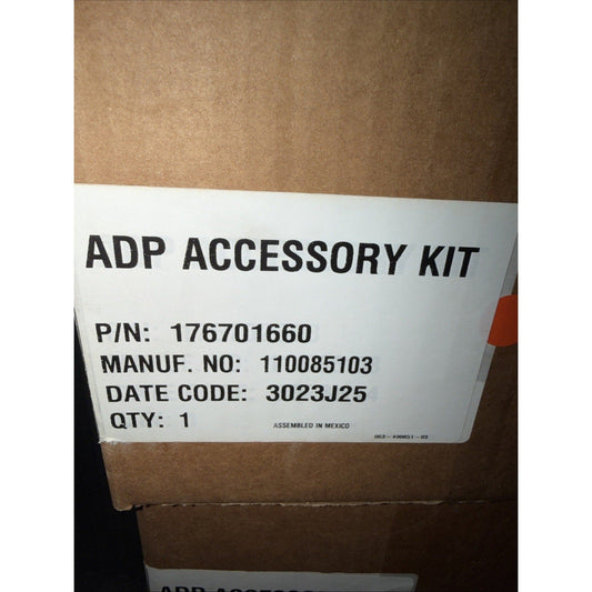 Cardboard box label for ADP Accessory Kit displaying P/N 176701660, manufacturing number, date code 3023J25, quantity 1, assembled in Mexico.