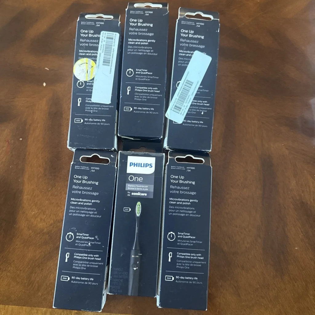 Philips One battery toothbrush with green bristles, sleek design, 6-pack