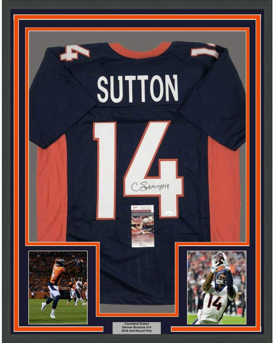 Framed Autographed/Signed Courtland Sutton Denver Broncos Blue Football Jersey JSA COA