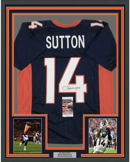 Framed Autographed/Signed Courtland Sutton Denver Broncos Blue Football Jersey JSA COA