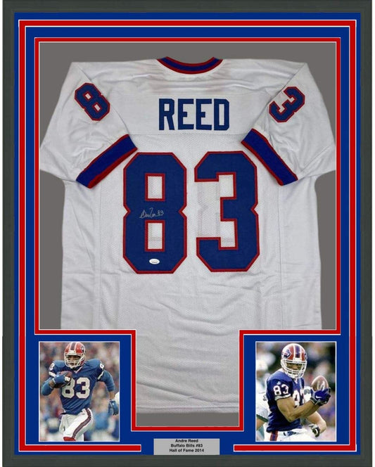 Framed white Buffalo Bills jersey #83 signed by Andre Reed, displayed flat with red and blue borders and two action photos below.