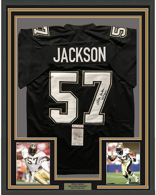 Black framed jersey displaying "JACKSON 57" with autograph, flanked by two action photos of player wearing Saints uniform.