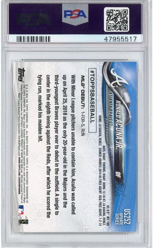 Back of PSA-graded 2018 Topps Update Ronald Acuna Jr. rookie card showing text biography and blue design on white background.