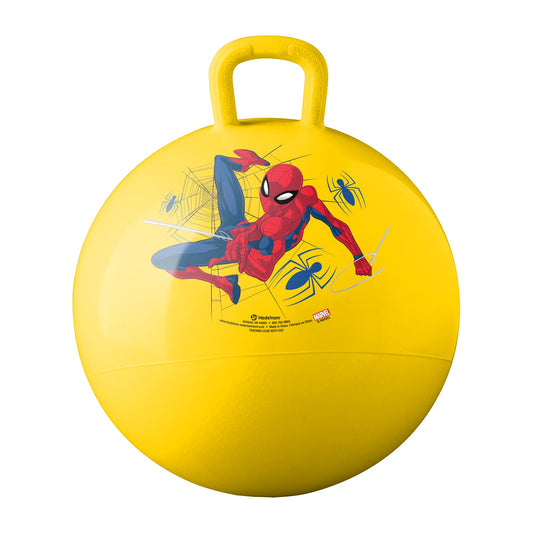Bright yellow inflatable hopper ball with Spider-Man graphic and yellow handle, front view against white background.