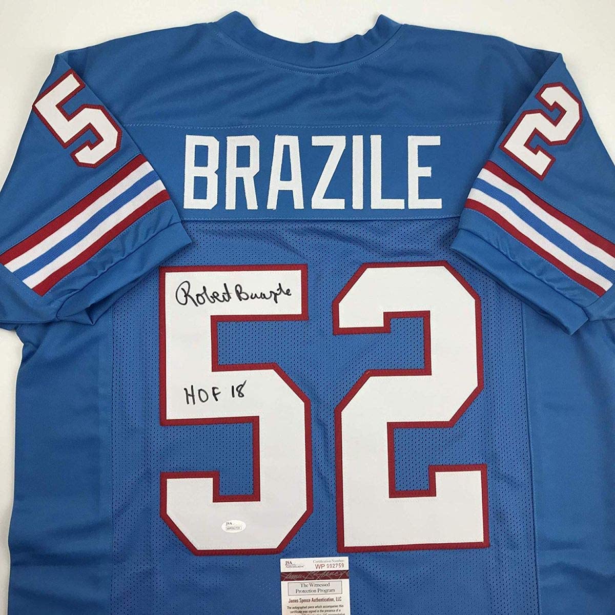 Autographed/Signed Robert Brazile Hall of Fame Houston Blue Football Jersey JSA COA