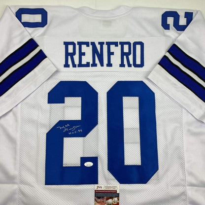 Autographed/Signed Mel Renfro Hall of Fame Dallas Cowboys White Football Jersey JSA COA