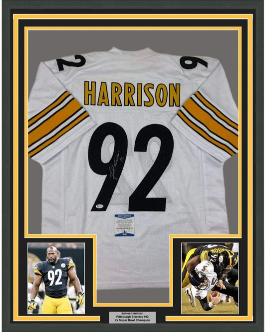 White Pittsburgh Steelers jersey number 92 with "Harrison" nameplate, framed with yellow and black borders, accompanied by two action photographs.