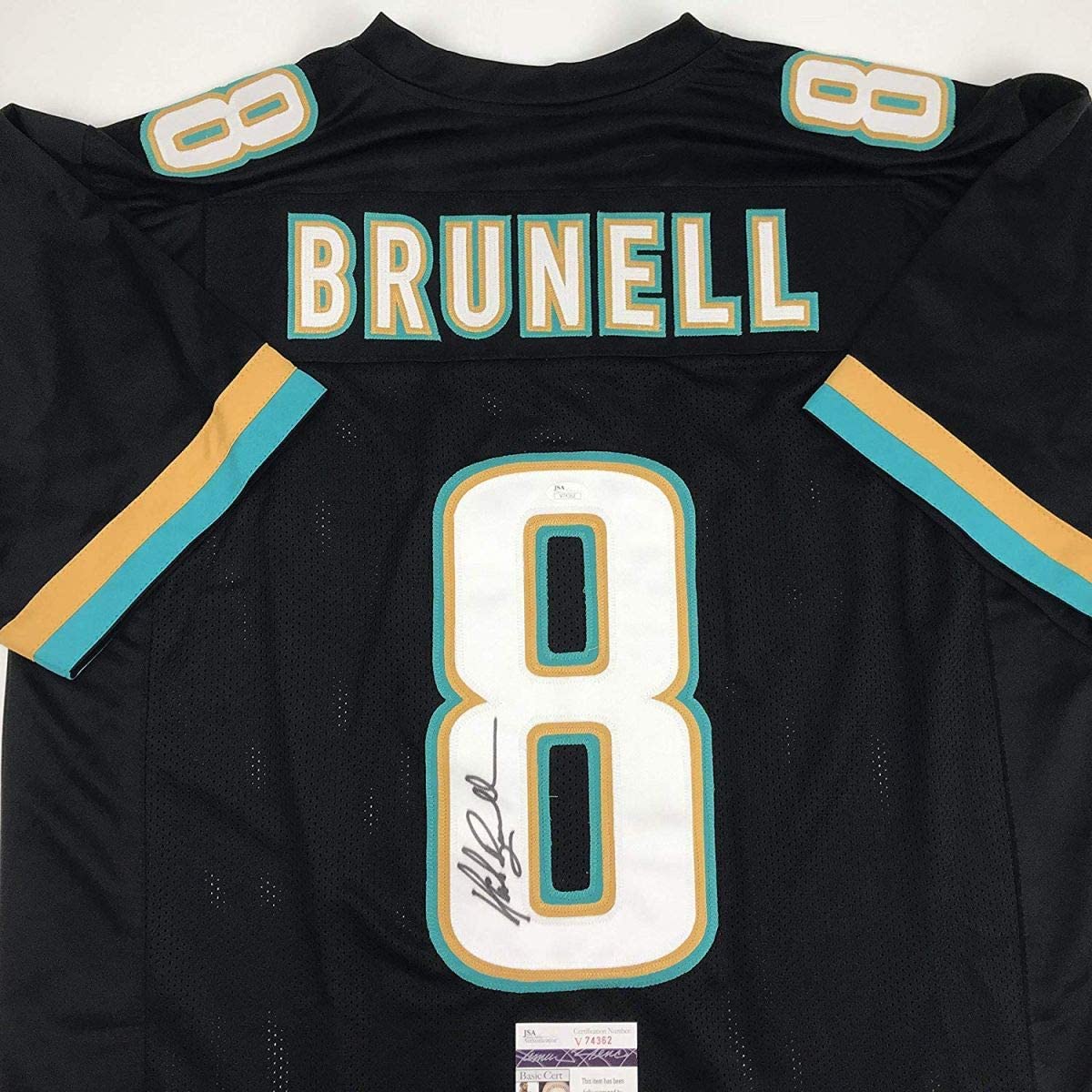 Autographed Mark Brunell custom black Jacksonville football jersey front view with signature JSA COA