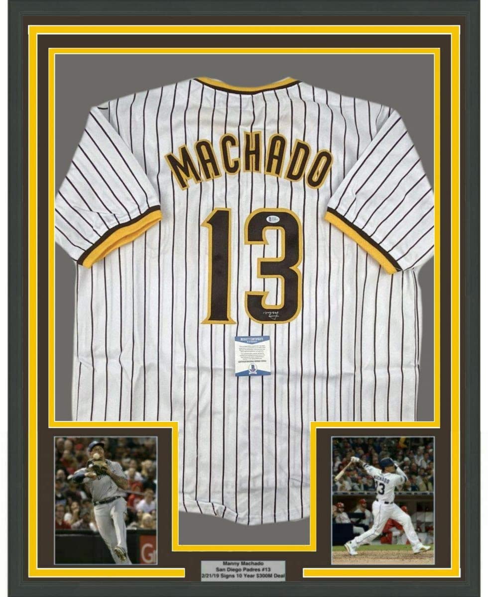 Framed Autographed/Signed Manny Machado San Diego Padres Pinstripe Baseball Jersey Beckett BAS COA