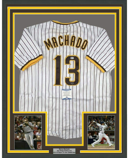 Framed Autographed/Signed Manny Machado San Diego Padres Pinstripe Baseball Jersey Beckett BAS COA
