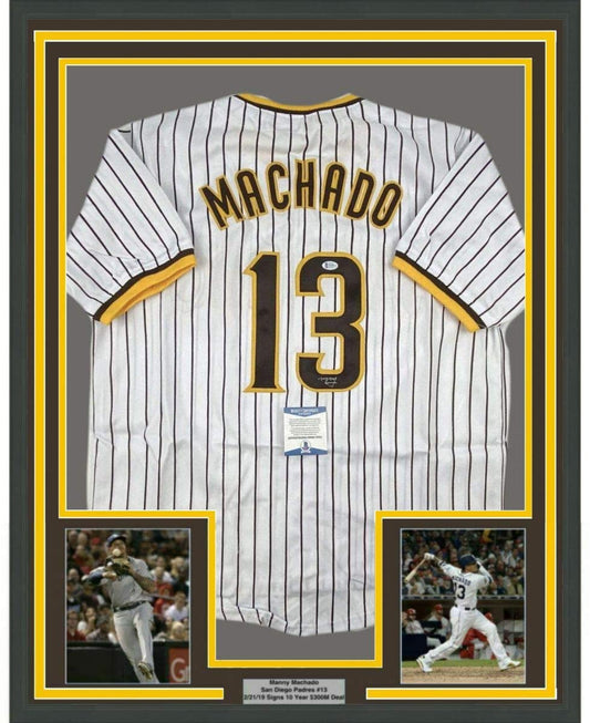 Framed Autographed/Signed Manny Machado San Diego Padres Pinstripe Baseball Jersey Beckett BAS COA