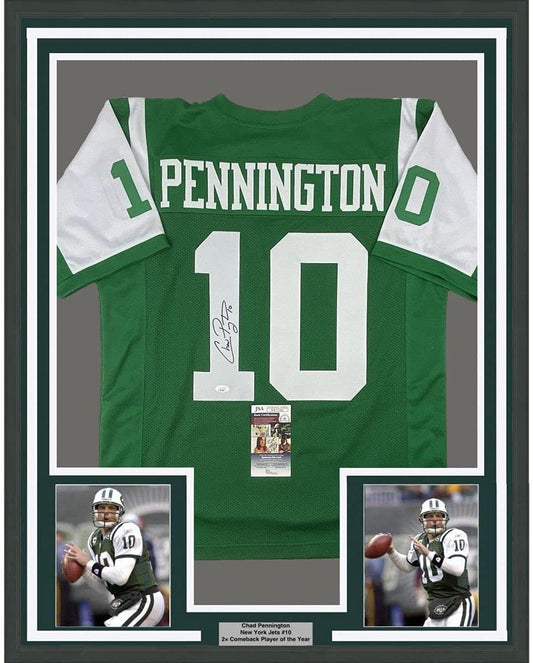 Framed green New York Jets #10 jersey signed by Chad Pennington with two action photos below and JSA authentication certificate.