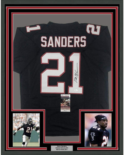 Framed Autographed/Signed Deion Sanders Atlanta Falcons Black Football Jersey JSA COA