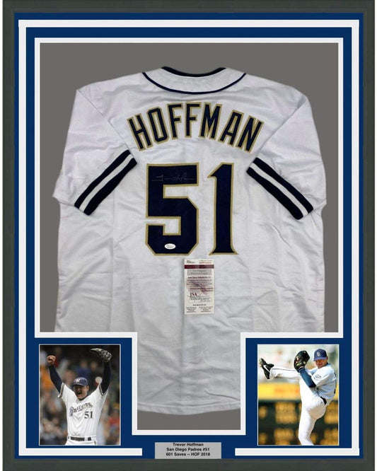 Framed white San Diego Padres jersey #51 with "HOFFMAN" printed across chest, flanked by two action photographs of the player.