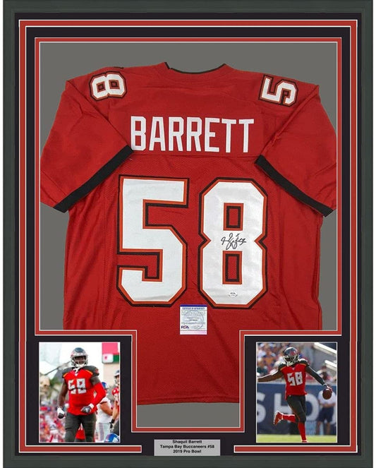 Red Tampa Bay Buccaneers #58 jersey signed by Shaq Barrett, displayed in frame with two action photos and authentication certificate.
