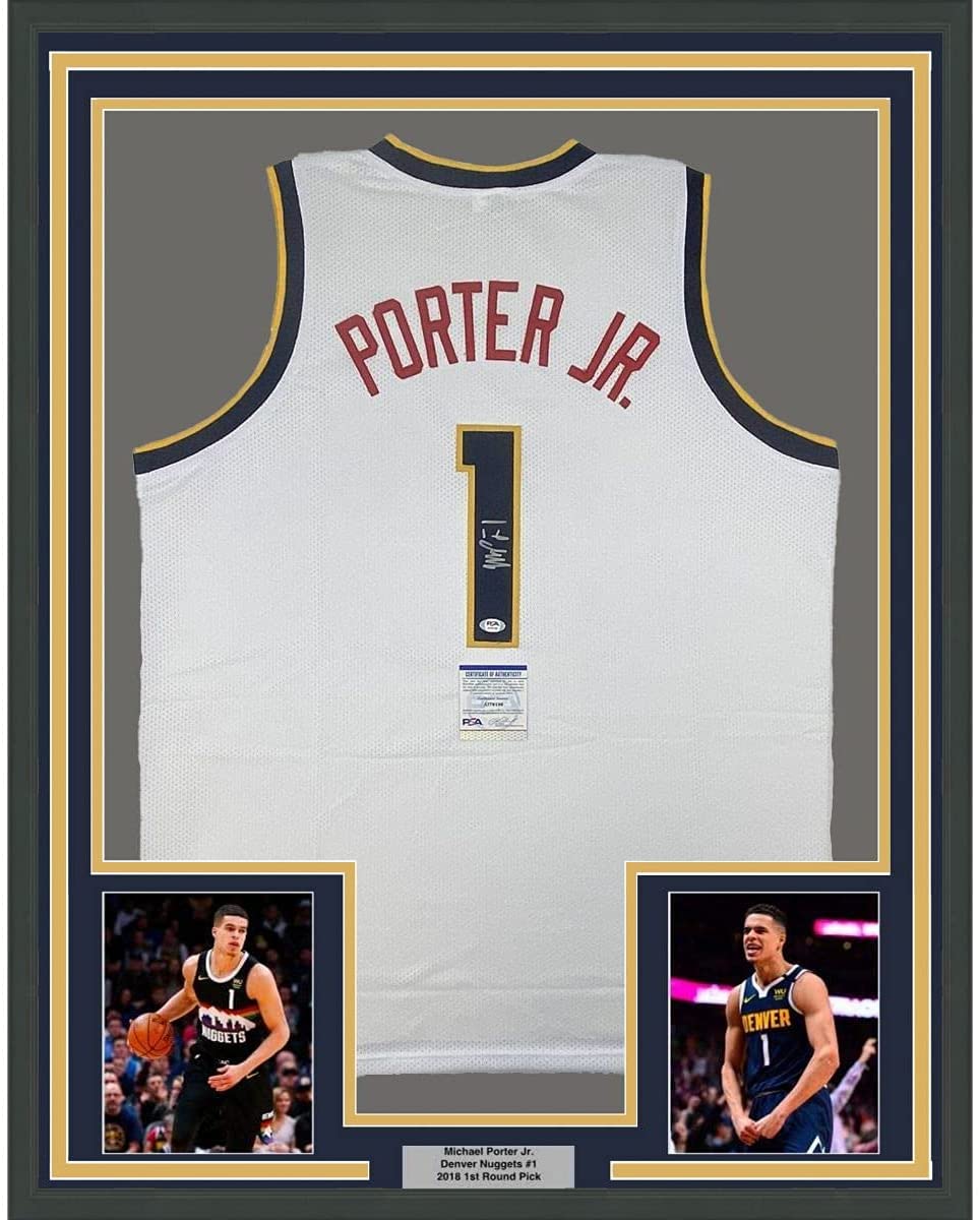 Framed Autographed/Signed Michael Porter Jr. 35x39 Denver White Basketball Jersey PSA/DNA COA