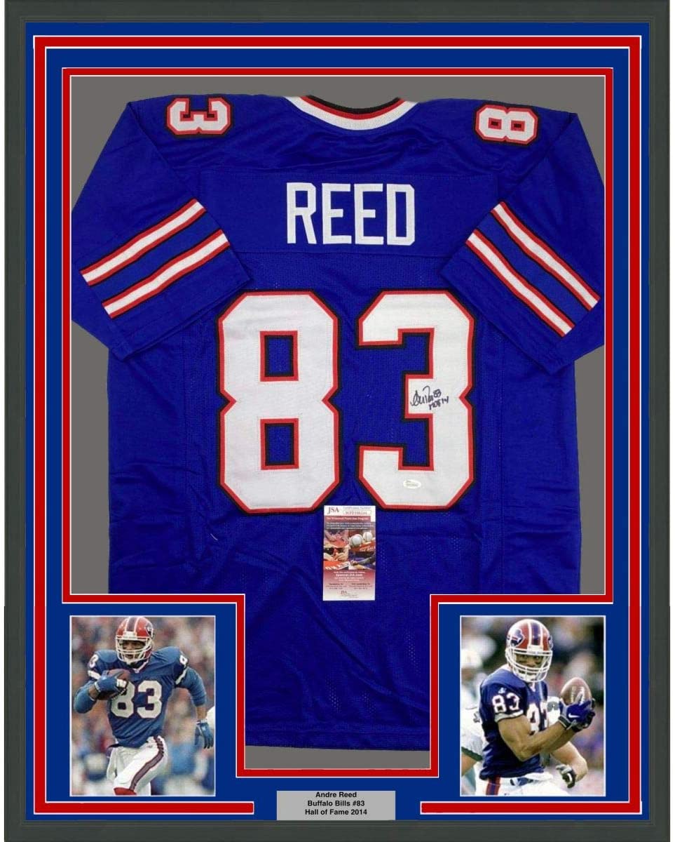 Framed Autographed/Signed Andre Reed HOF 2014 Buffalo Bills Blue Football Jersey JSA COA