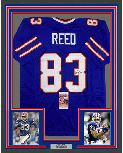 Framed Autographed/Signed Andre Reed HOF 2014 Buffalo Bills Blue Football Jersey JSA COA