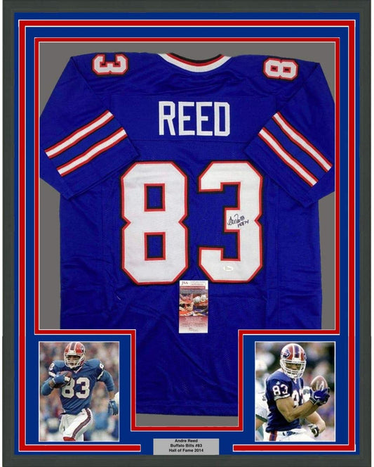 Framed blue Buffalo Bills #83 jersey with "REED" nameplate, signed, displayed with two action photos and HOF 2014 plaque below.