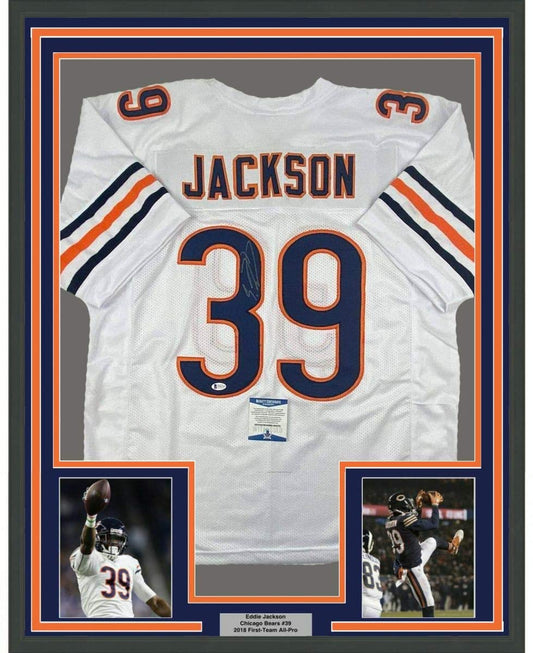 White Chicago Bears #39 Jackson jersey framed with navy and orange borders, flanked by two action photographs below.