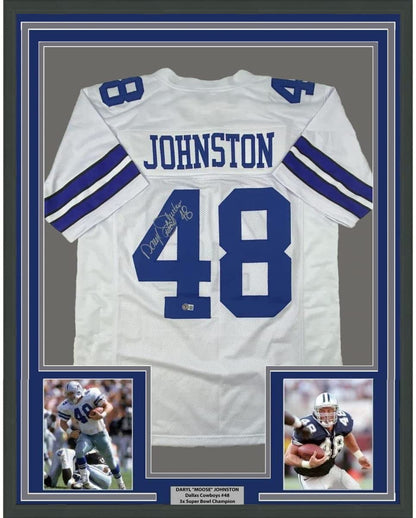 Framed Autographed/Signed Daryl Moose Johnston 35x39 Dallas White Football Jersey Beckett BAS COA