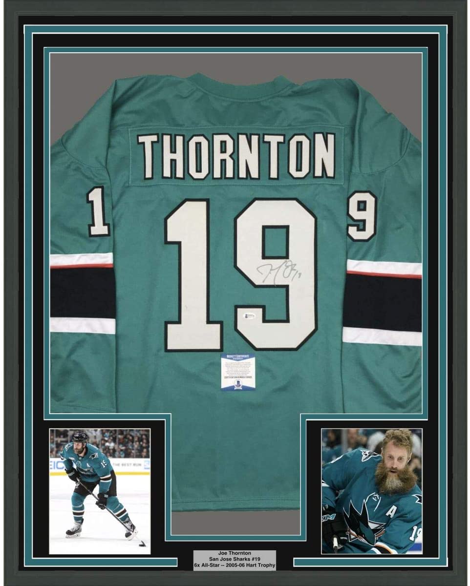 Framed Autographed/Signed Joe Thornton San Jose Sharks Green Hockey Jersey Beckett BAS COA