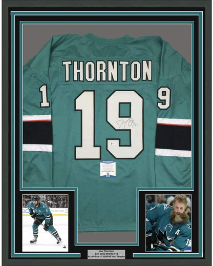 Framed Autographed/Signed Joe Thornton San Jose Sharks Green Hockey Jersey Beckett BAS COA