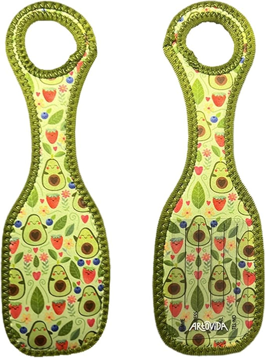 Front and back views of two green neoprene luggage tags with avocado, strawberry, and blueberry print pattern and olive green trim.