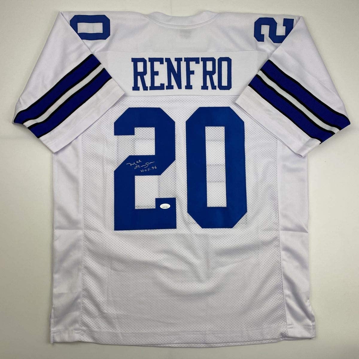 Autographed/Signed Mel Renfro Hall of Fame Dallas Cowboys White Football Jersey JSA COA